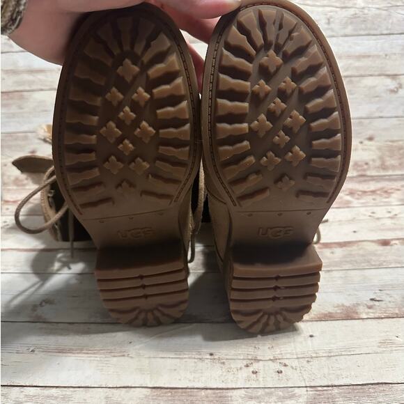 UGG Gradin Suede Lace-Up Boots Women's Size 7 Chestnut Shearling Round Toe - Picture 8 of 9